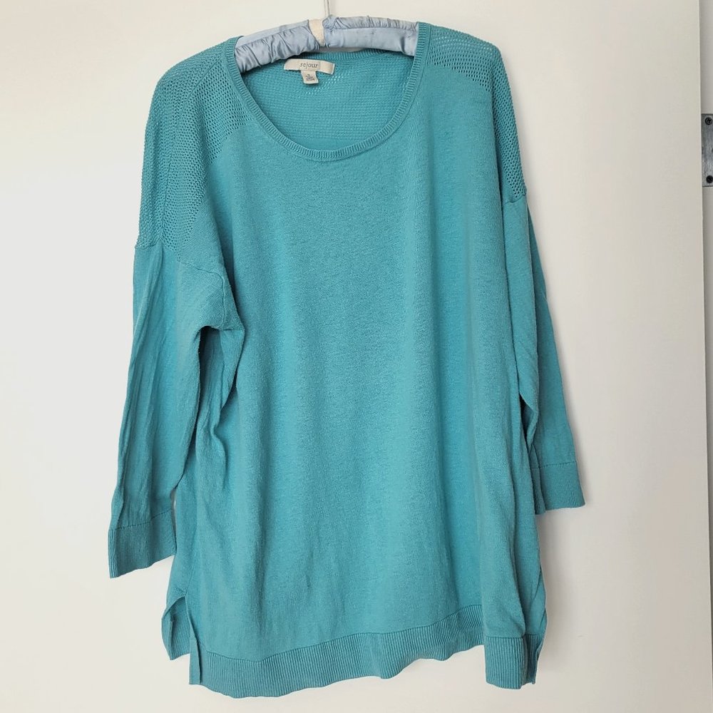 Sejour Sweater with Mesh Pattern, Turquoise, Size 1X